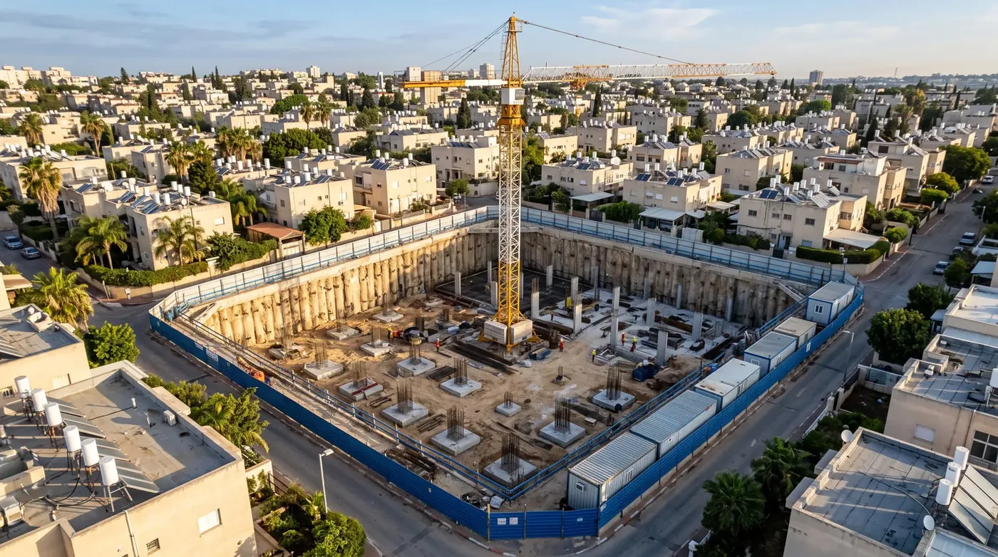 צילום אוויר של האתר בשלב החפירה והיסודות