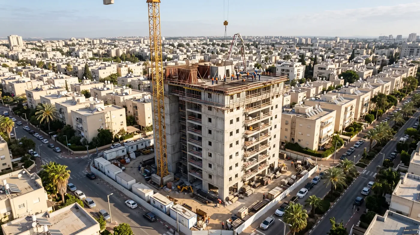 צילום אוויר של אותו אתר כשהשלד כבר בגובה עשר קומות