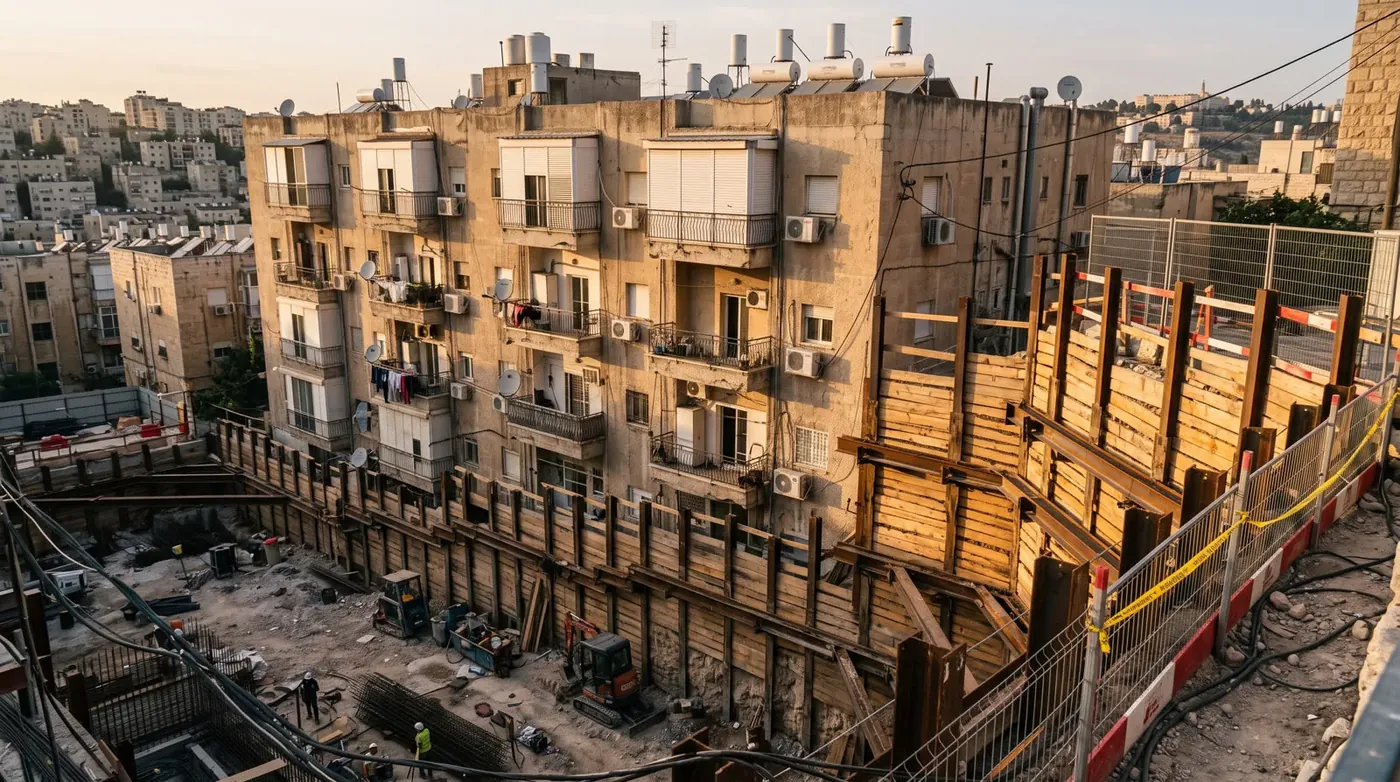 בור חפירה עם דיפון צמוד לבניין מגורים מאוכלס