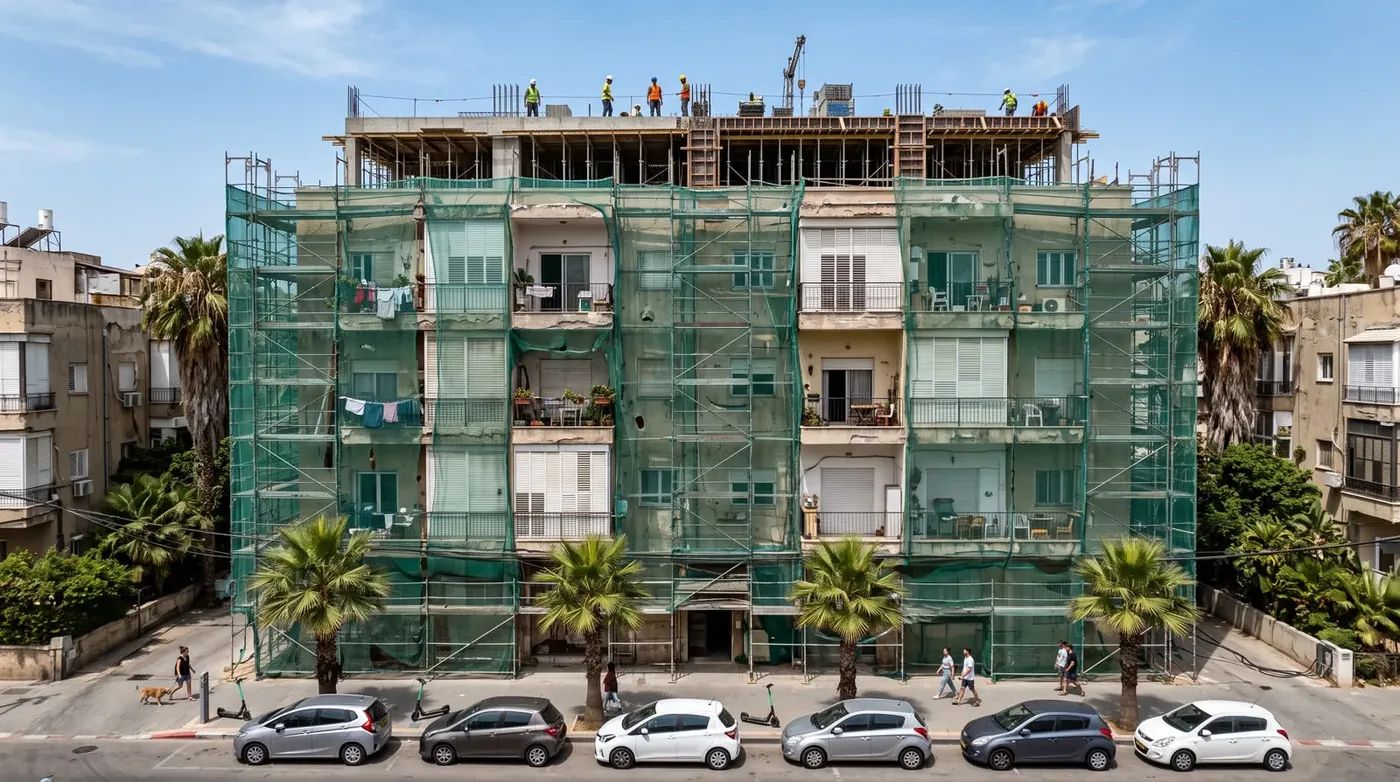 בניין מגורים ישן עטוף פיגומים ורשת בטיחות בפרויקט התחדשות